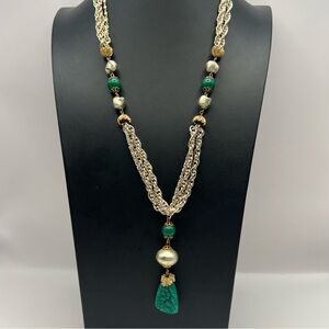 Vintage Green Molded Glads Floral Necklacew/ Gold Tone Chain & Accents